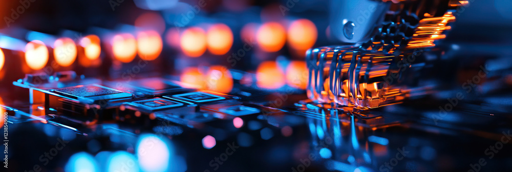Poster close-up of illuminated computer circuit board and heatsink