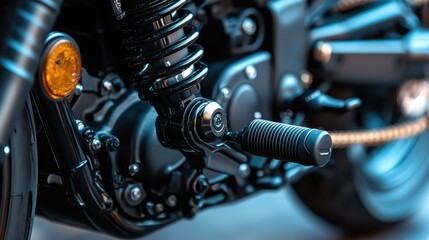 Fototapeta premium Detailed image of motorcycle footpeg and control system, showcasing intricate design and craftsmanship. close up highlights mechanical components and textures