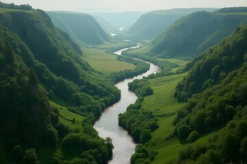 A river naturally forming an arrow shape through a lush green valley.