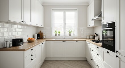Fototapeta premium A bright, modern U-shaped kitchen with white cabinets, wood countertops, and subway tile backsplash. A large window with blinds and potted plants brings in natural light.