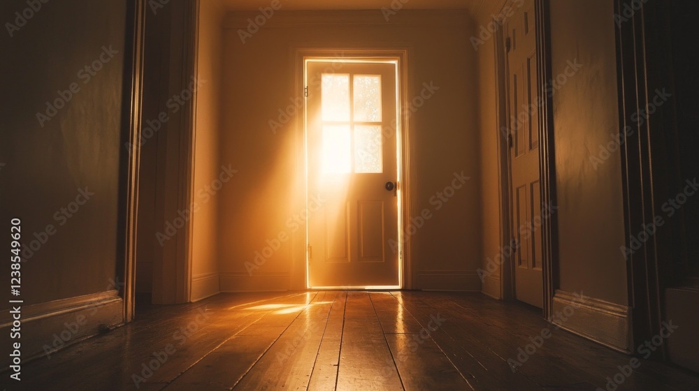 Poster sunlight filters through an open door, casting a warm glow across a wooden floor. the hallway appear