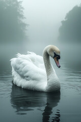 Fototapeta premium Serene Swan in Misty Lake