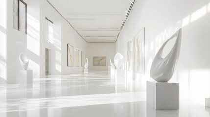 Fototapeta premium White Gallery Showcases Modern Sculptures and Art