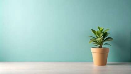Fototapeta premium A potted plant sits on a light wooden surface against a pale aqua wall