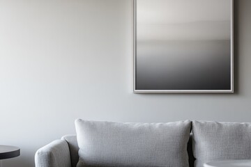 A minimalist living room with a grey sofa and a framed grayscale artwork on a light grey wall.