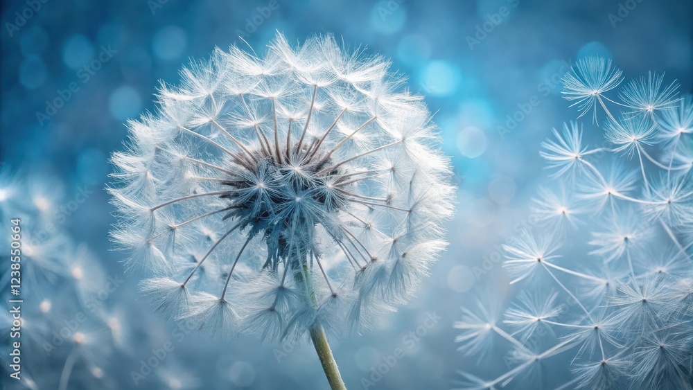 Poster close-up of a delicate dandelion seed head against a soft blue bokeh background