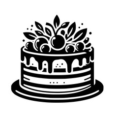 A delectable black and white illustration of a layered cake adorned with cherries and blueberries, perfect for bakery menus or dessert-themed designs.