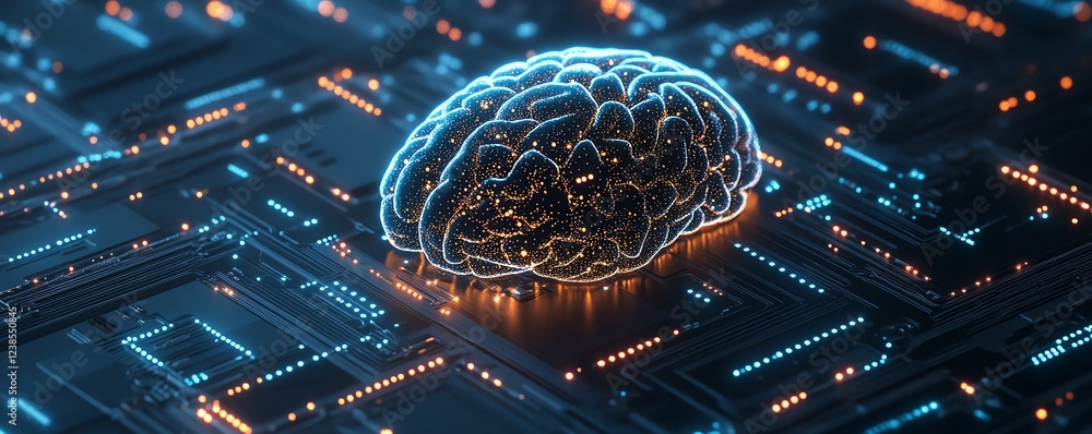 Poster human brain with glowing neural connections emerging from a processor