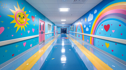Vibrant mural art in hospital corridor children’s health center colorful environment inspiring view