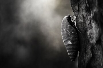 A black and white close-up shot of an insect clinging to a tree trunk, exhibiting detailed texture and dramatic lighting.