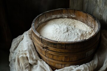 Fototapeta premium White flour nestled in rustic wooden bowl for baking enthusiasts