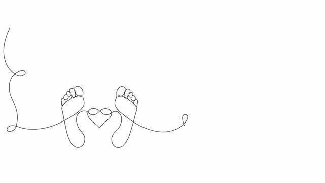 Video. Bare feet with heart and infinity sign drawn in one continuous line. Print of women's feet in simple linear editable style. Foot Massage. Concept of love and cosmetic foot care. Animation on wh