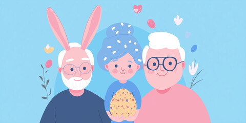 Modern Easter flat illustration of elderly people giving a decorated egg as a gift