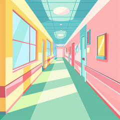 Vibrant hospital corridor medical facility digital art bright atmosphere perspective healthcare