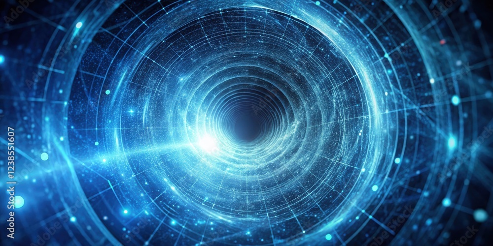 Poster abstract swirling blue energy vortex tunnel representing digital data flow and infinite possibilitie