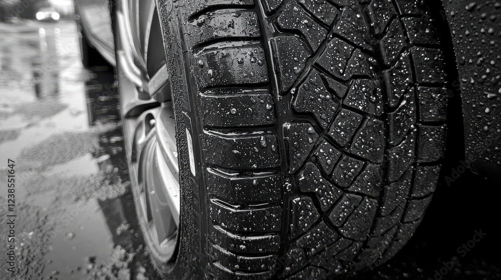Poster macro shot of car tire tread pattern with water droplets, showcasing detail and texture. image captu