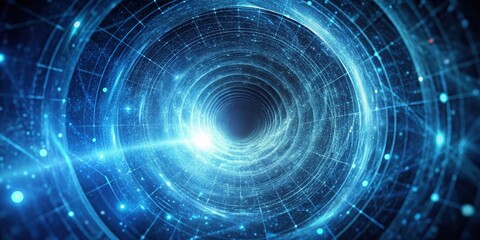 Abstract swirling blue energy vortex tunnel representing digital data flow and infinite possibilities