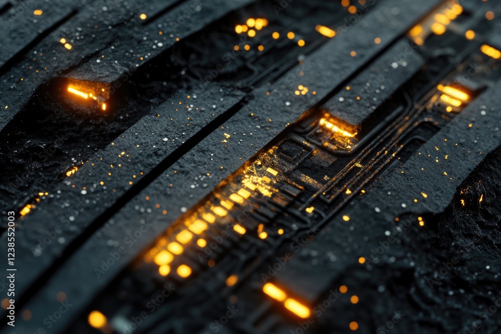 Poster glowing circuitry embedded in dark, textured surface, futuristic technology concept.