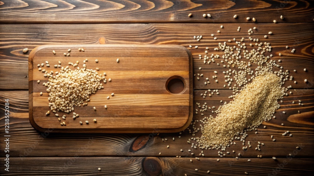 Poster overhead view of uncooked grains on wooden surface