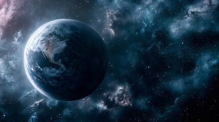 Fototapeta premium Earth is shown floating in space surrounded by twinkling stars and colorful cosmic clouds