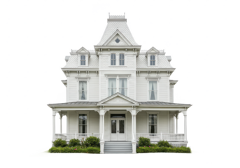 Victorian-style white house isolated on white background, front view, no depth of field, sharp.