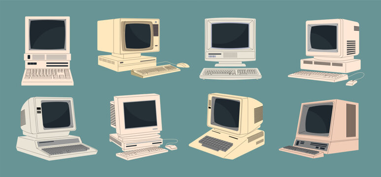 Retro devices. Historical technologies 80s and 90s electronic equipment old style computers recent vector flat pictures template