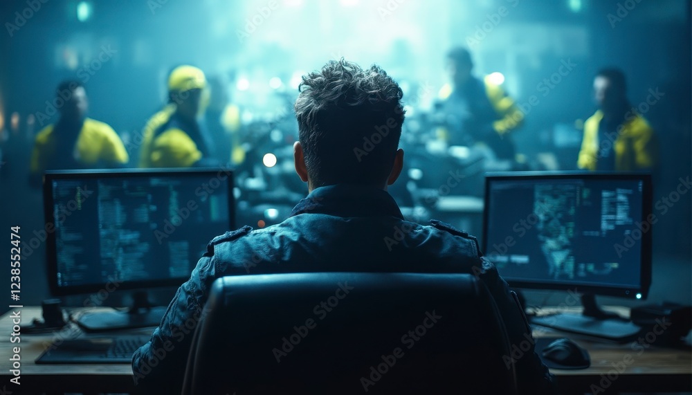 Poster a man sits at a desk, back to the camera, facing two computer monitors displaying complex data. a di