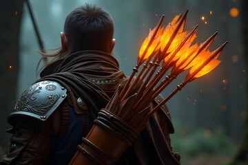 A quiver full of ornate, glowing magical arrows resting on a warrior’s back.