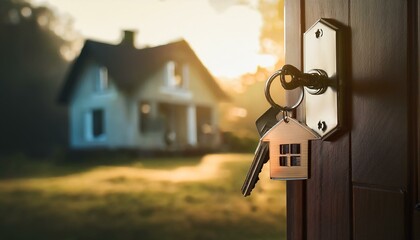 Open door to a new home with key and home shaped keychain. Mortgage, investment, real estate,...