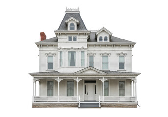 Fototapeta premium Victorian-style white house isolated on white background, front view, no depth of field, sharp.