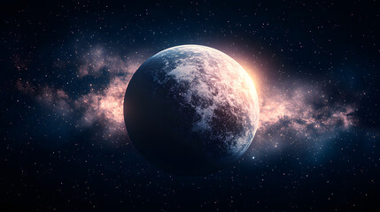 Fototapeta premium A glowing planet surrounded by colorful clouds in the vastness of outer space at twilight