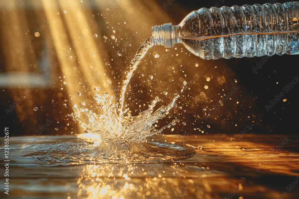 Poster a bottle of water pouring into a large puddle creating ripples and splashes on the surface in a natu