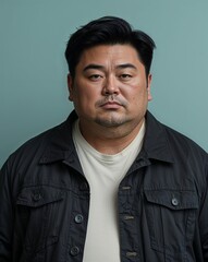 Fototapeta premium Mature chubby Asian man neutral short black hair black jacket light teal background