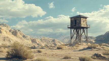 Remote Desert Watchtower Against a Stunning Mountain Backdrop with Clouds