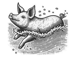 Obraz premium Swimming Pig engraving sketch raster illustration