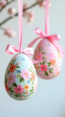 Fototapeta premium Hanging ornate Easter eggs adorned with floral patterns, pink ribbons, pastel shades, on a soft gray background. Celebration concept