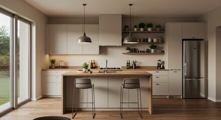 A modern kitchen with neutral tones, wooden accents, open shelves, and pendant lighting. A sleek island with barstools faces a stainless steel fridge and minimalist cabinetry.