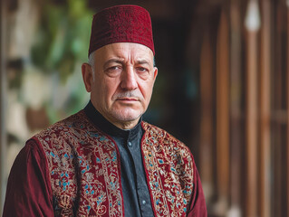 Obraz premium Man in traditional Turkish Ottoman outfit stands in historical Istanbul with a stoic expression against a richly detailed backdrop