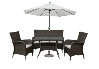 Outdoor patio set with umbrella isolated on white background, front angled view, no depth of field, sharp.
