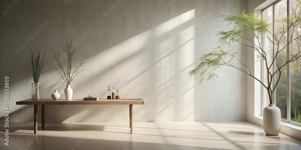 Aufkleber serene minimalist interior design with sunlight streaming through a large window, showcasing a woode