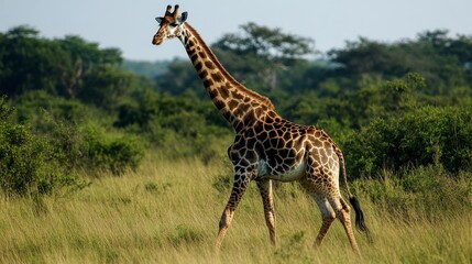 Fototapeta premium Giraffe gracefully roaming the savannah, showcasing its long neck amidst lush greenery and wildlife