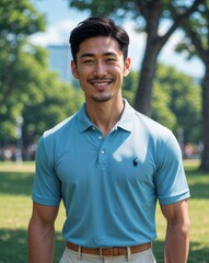 Summer portrait Asian man smiling short black hair tank top poolside background