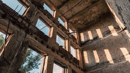 abandoned destroyed houses in a city without people during the war in Russia Kursk