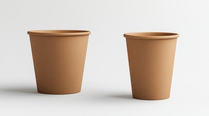 Two empty brown paper cups on white background; mockup for branding