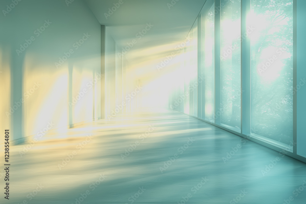 Poster long hallway with natural light streaming through large windows creating a bright and inviting atmos
