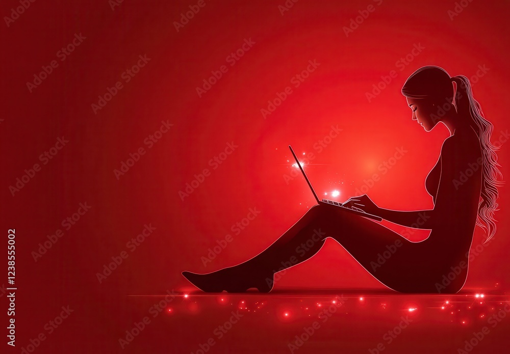 Poster silhouette of a woman sitting on the floor using a laptop against a red background with sparkling li