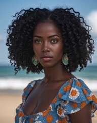 Summer portrait black African woman serious curly hair sundress beach background
