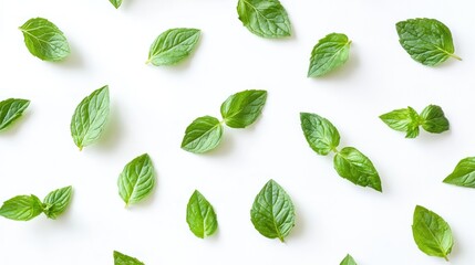 Fresh mint leaves pattern, white background, food design