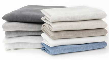 Soft linen fabrics in various neutral shades are stacked neatly, showcasing their texture and colors