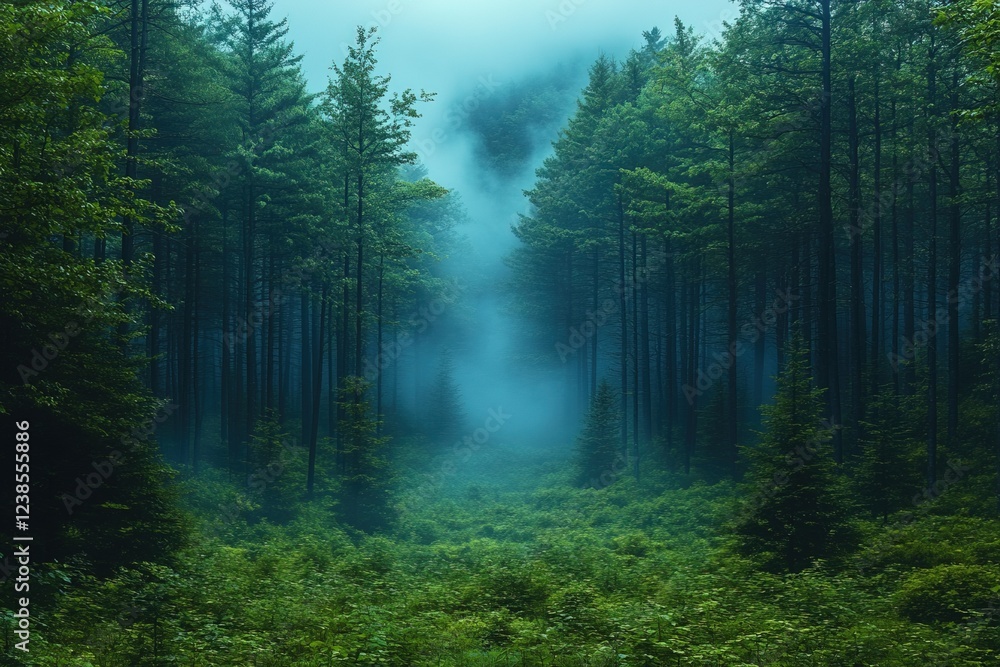Poster foggy forest path with tall trees for background use in travel and nature imagery